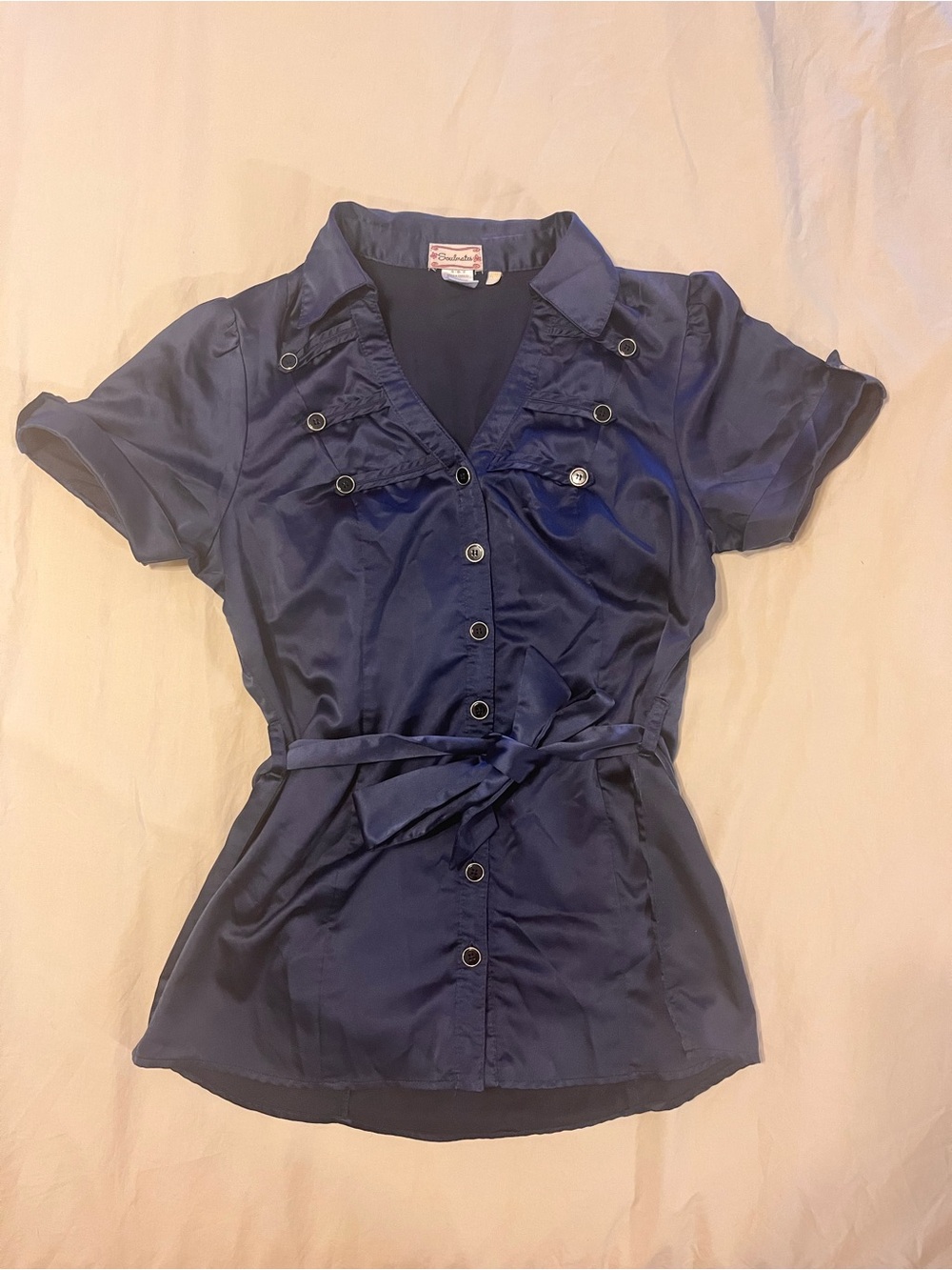 Soulmates Navy Satin Short-Sleeve Button-Front Blouse with Waist Tie